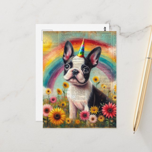 Carte Postale Adorable Boston Terrier Unicorn Puppy Collage (Devant/Arrière en situation)
