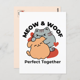 Carte Postale Adorable chat et chien Hug - Meow & Woof Design