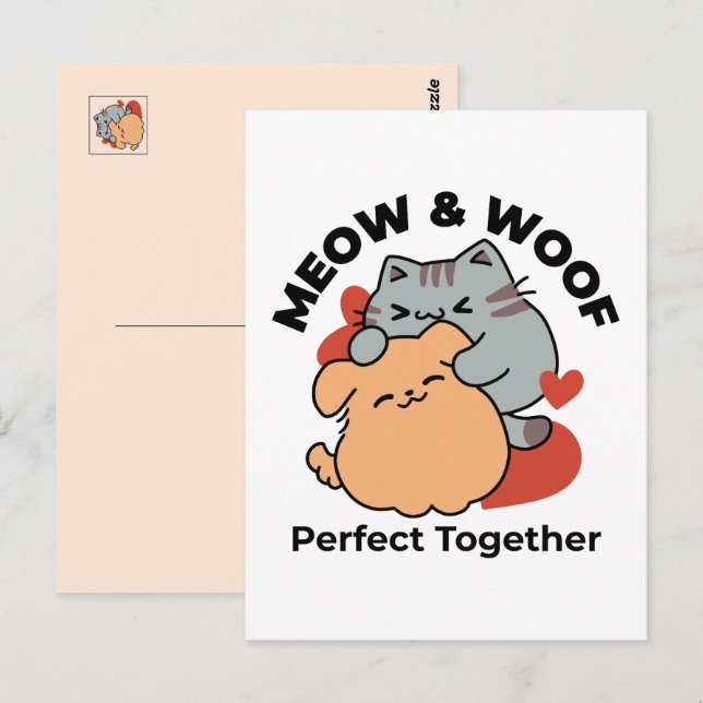 Carte Postale Adorable chat et chien Hug - Meow & Woof Design (Devant / Derrière)