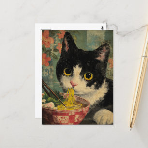 Carte Postale Adorable chat noir et blanc manger des nouilles