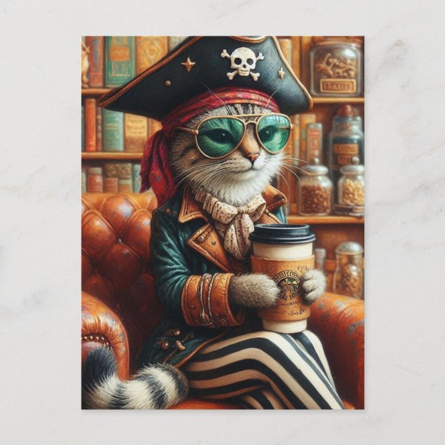 Carte Postale Adorable chat pirate avec café (Devant)