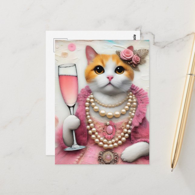 Carte Postale Adorable Chat Rose Robe avec Perles avec Boire (Devant/Arrière en situation)