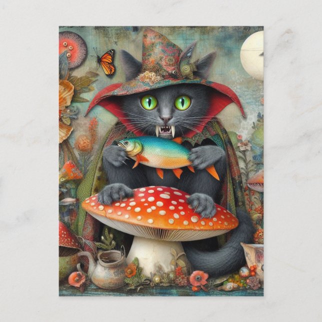 Carte Postale Adorable chat vampire avec un poisson sur un champ (Devant)
