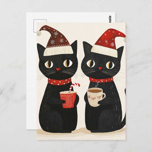 Carte Postale adorable Chats Noirs de Noël (Devant / Derrière)