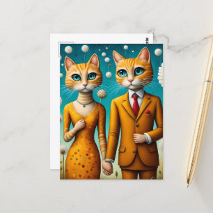 Carte Postale adorable couple de chats fleurs surréalistes