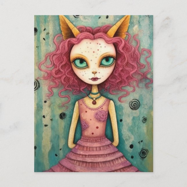 Carte Postale Adorable Dame Avec Oreilles De Chat Collage Média  (Devant)