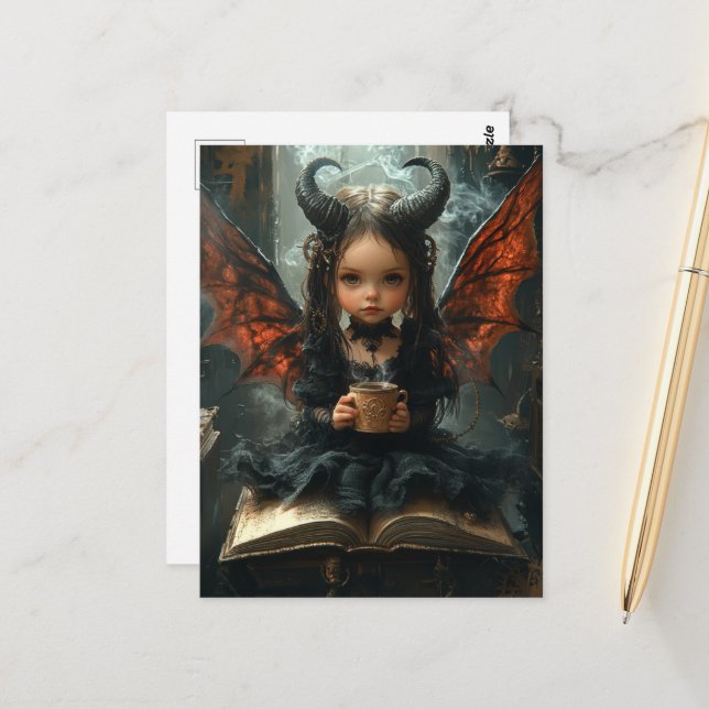 Carte Postale Adorable Dark Angel avec café et livre (Devant/Arrière en situation)