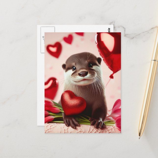 Carte postale adorable de loutre de la Saint-Valen (Devant/Arrière en situation)