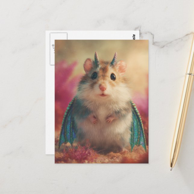 Carte Postale Adorable Dragomignon Sucré avec des Cornes (Devant/Arrière en situation)