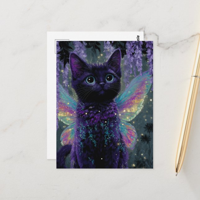 Carte Postale Adorable drôle mignon chat noir fée (Devant/Arrière en situation)