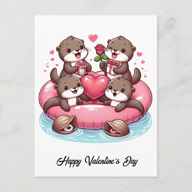 Carte Postale Adorable famille Otter Valentine (Devant)