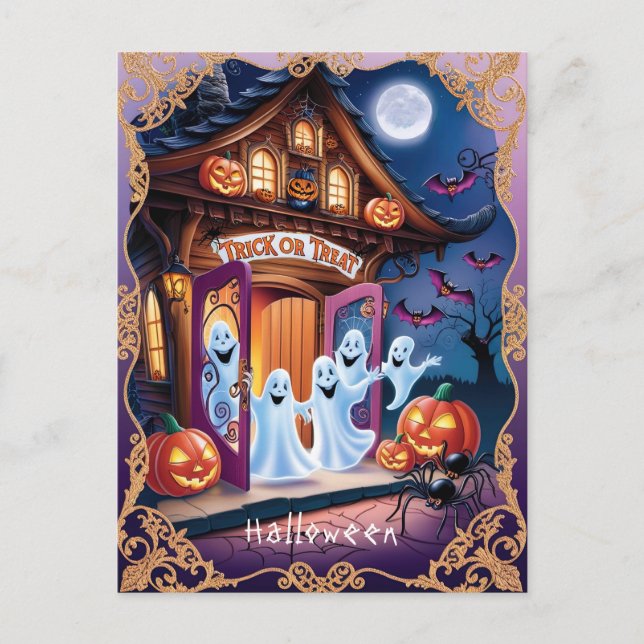 Carte Postale Adorable Fantômes d'Halloween à la porte (Devant)