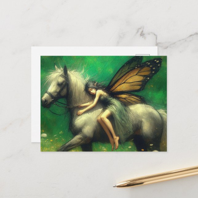 Carte Postale Adorable Fée endormi sur un cheval (Devant/Arrière en situation)