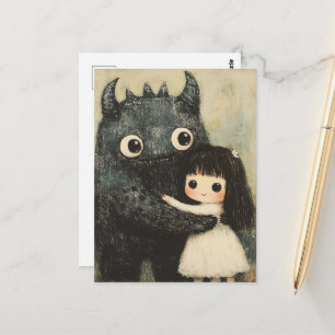 Carte Postale Adorable Fille et son Ami Monstre Fantastique