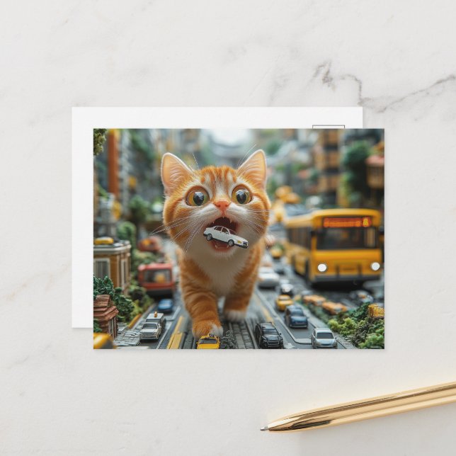 Carte Postale Adorable Ginger Cat Mange Une Voiture (Devant/Arrière en situation)