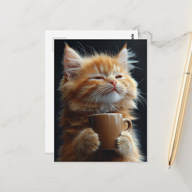 Carte Postale Adorable Ginger Kitten avec café (Devant/Arrière en situation)