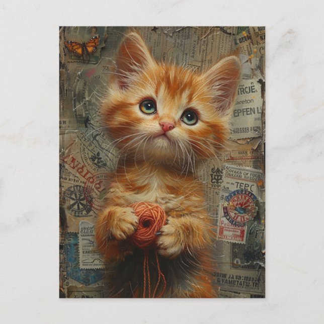 Carte Postale Adorable Ginger Kitten Avec Fil Mélange Média (Devant)