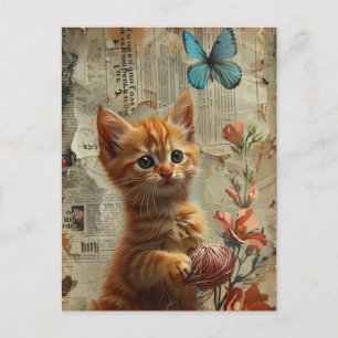 Carte Postale Adorable Ginger Kitten Avec papillon bleu Fil