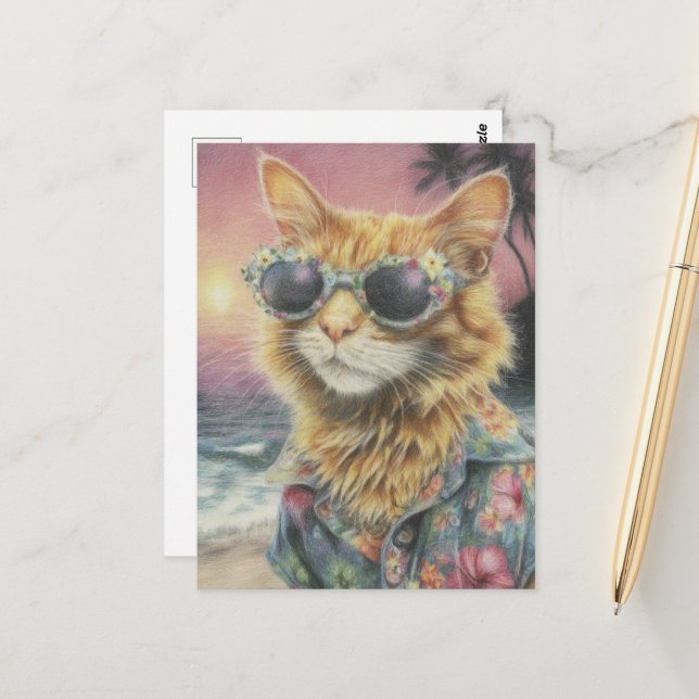 Carte Postale Adorable Ginger Kitty en Lunettes de soleil (Devant/Arrière en situation)