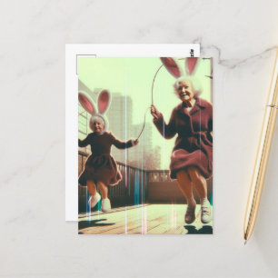 Carte Postale Adorable Granny Bunnies Pâques Jumping Rope Glitch