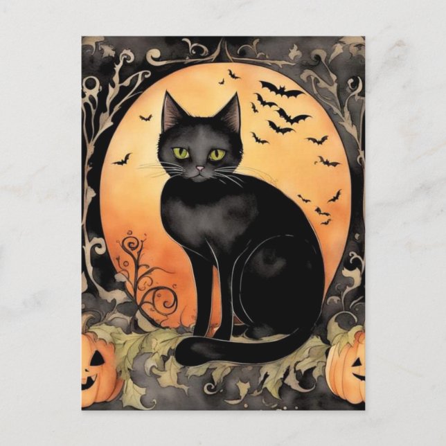 Carte Postale Adorable Halloween Chat noir aquarelle (Devant)