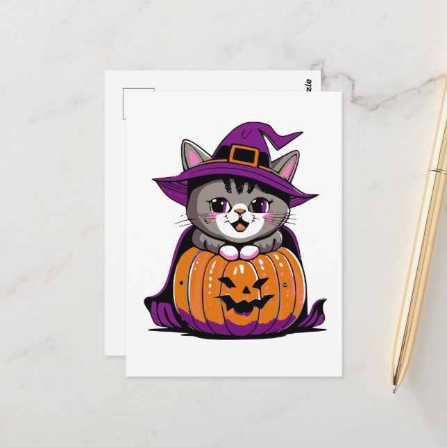 Carte Postale Adorable Halloween sorcier chat (Devant/Arrière en situation)