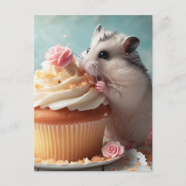 Carte Postale Adorable hamster manger cupcake (Devant)