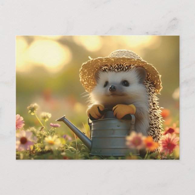 Carte Postale Adorable jardinier de hérisson dans un champ de fl (Devant)