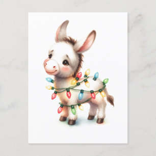 Carte Postale Adorable Joyeux Noël Donkey Aquarelle Lumières