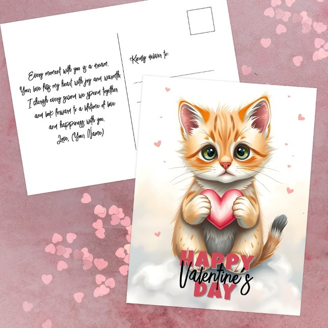 Carte Postale Adorable Kitten avec coeur rose Saint-Valentin (Créateur téléchargé)
