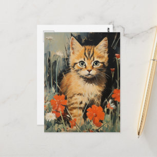 Carte Postale Adorable Kitten en Fleurs Peinture Vintage