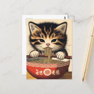 Carte Postale Adorable Kitten Manger Ramen Bois Imprimer