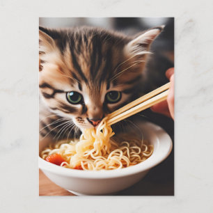 Carte Postale Adorable Kitten Manger Ramen nouilles