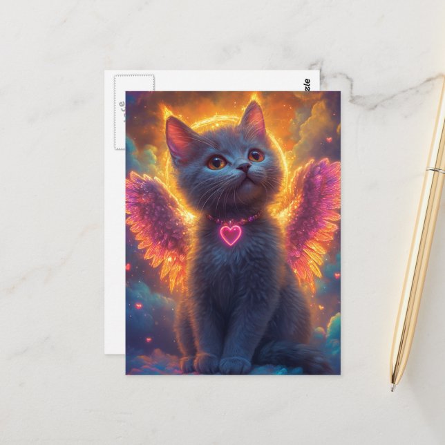 Carte Postale Adorable Kitty Ange Gris (Devant/Arrière en situation)