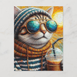 Carte Postale Adorable Kitty avec un café glacé