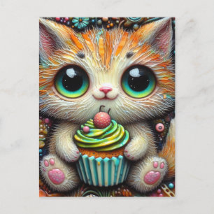 Carte Postale Adorable Kitty avec un gâteau