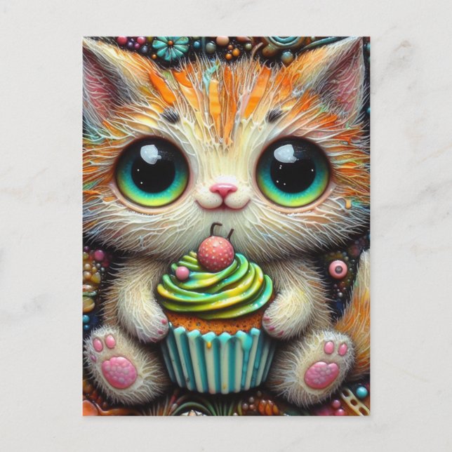 Carte Postale Adorable Kitty avec un gâteau (Devant)