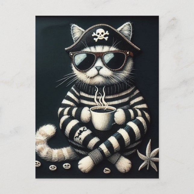 Carte Postale Adorable Kitty Pirate avec café (Devant)