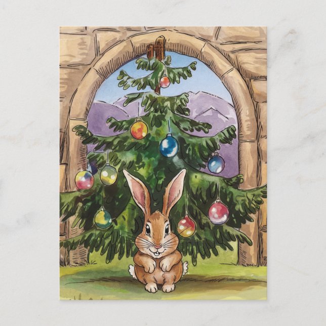 Carte Postale Adorable lapin de Noël Silly sous l'arbre (Devant)