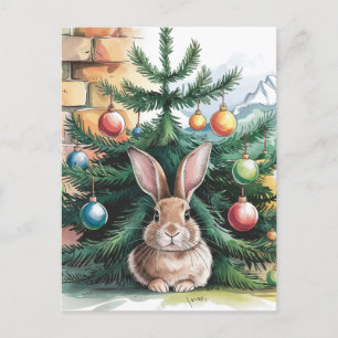 Carte Postale adorable lapin de Noël sous l'arbre
