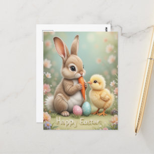 Carte Postale Adorable Lapin de Pâques et Chick Printemps Saluta