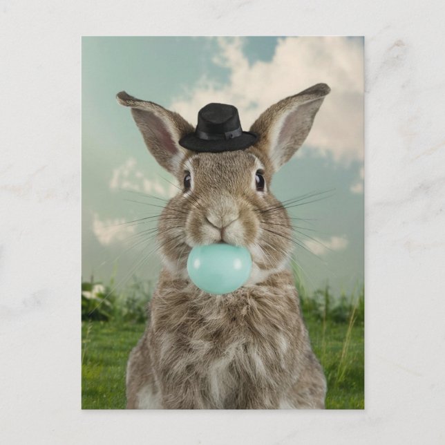 Carte Postale Adorable lapin en casquette Cheval Bleu Bubble Gum (Devant)