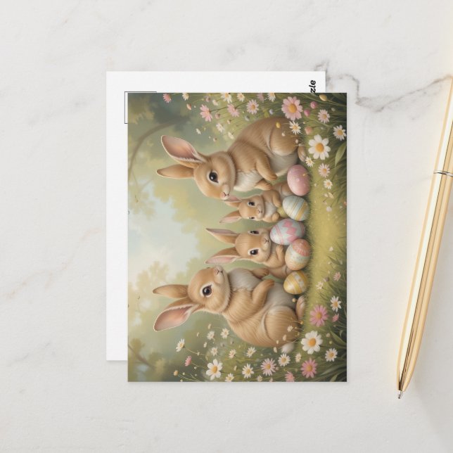 Carte Postale Adorable lapins de Pâques dans le Printemps des Pr (Devant/Arrière en situation)