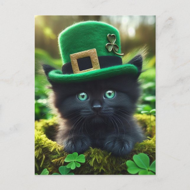 Carte Postale Adorable Lucky Black St. Patrick's Day Kitten (Devant)