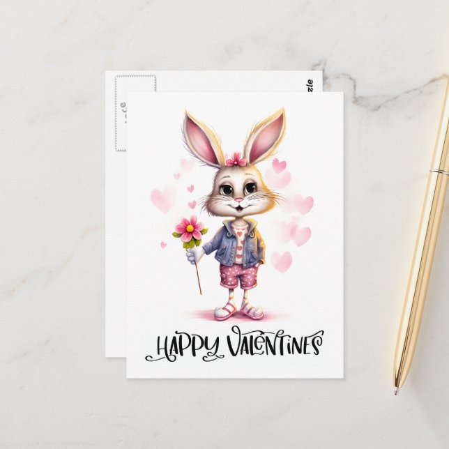 Carte Postale Adorable Mignonne Valentine Rabbit Fleurs roses (Devant/Arrière en situation)