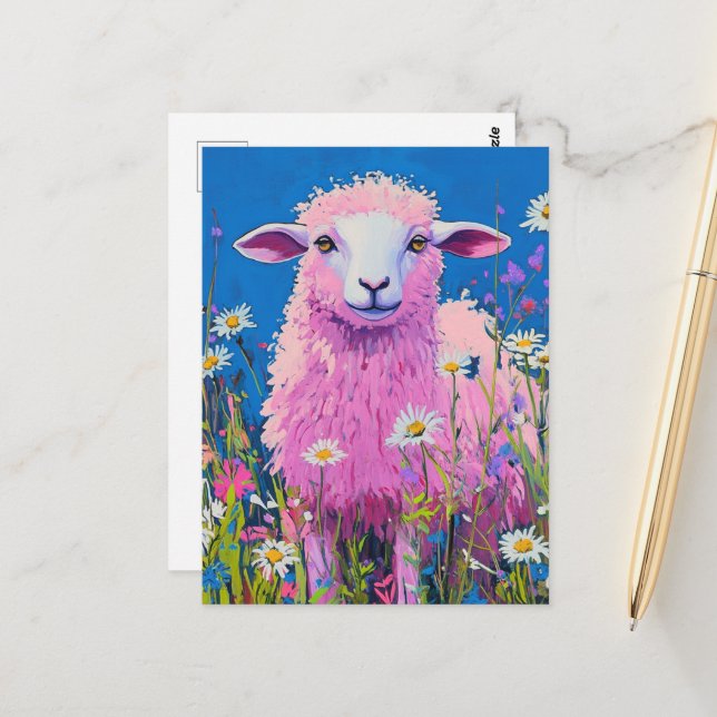 Carte Postale Adorable mouton rose dans les fleurs (Devant/Arrière en situation)