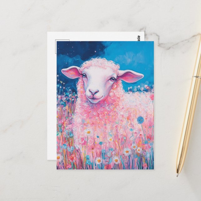Carte Postale Adorable mouton rose dans les fleurs (Devant/Arrière en situation)