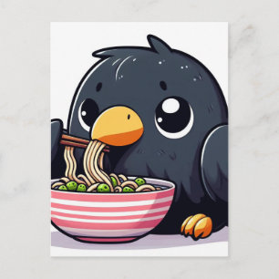 Carte Postale Adorable Oiseau Noir mangeant des pois et des noui