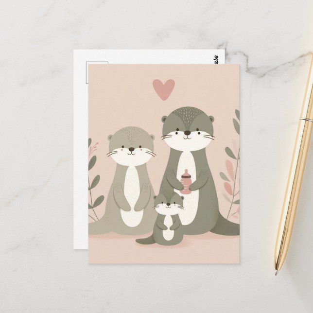 Carte Postale Adorable Otter Boho maman papa et bébé rose (Devant/Arrière en situation)