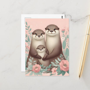 Carte Postale Adorable Otter Boho rose maman papa et bébé